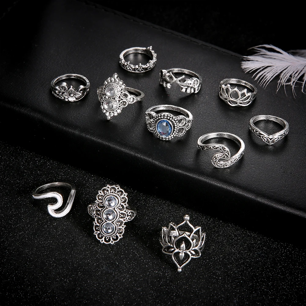 Женские кольца в богемном стиле, пирсинг в виде лотоса, серфинга, слона, резные геометрические серебряные кольца с кристаллами, набор женских украшений для танцевальной вечеринки