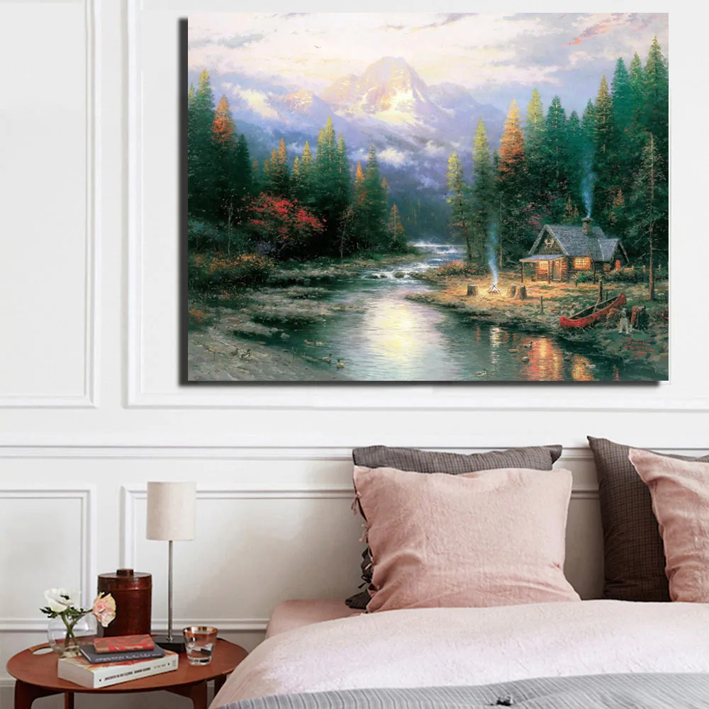 1 Pcs Landscape Forest Oil Art Canvas Painting  Mediterranean Smoke Curl Morning Wall Picture Home Decor