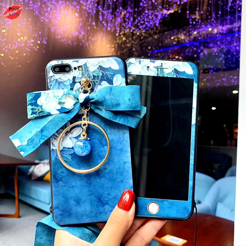 PINK LIPS Brand For iPhone XS Max XR 3D flower Case +Tempered Glass Screen film Cartoon Floral case for iPhone 6 6S 6 7 7plus 10 (5)