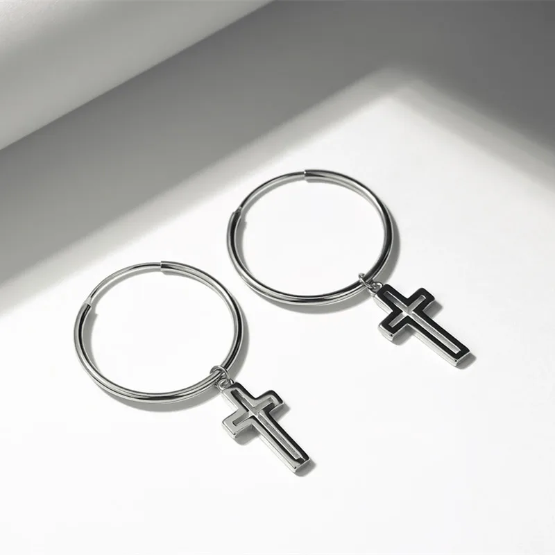 Серьги кольца с крестиком из 100% серебра Классический символ веры