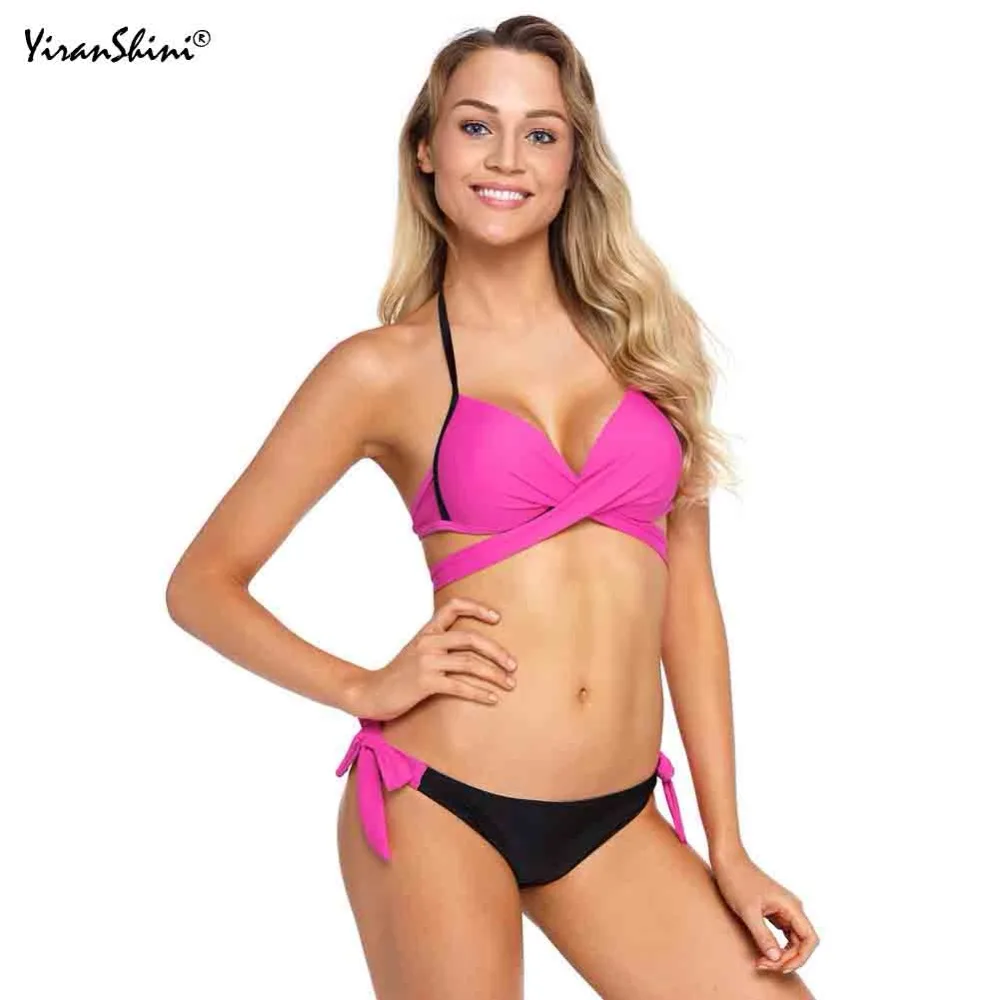 

YIRANSHINI Sexy Backless Criss Cross Bandage Halter Bikini Set Summer Sexy Dew Shoulder 2 Pieces Swimsuit Beach Bathing Suits