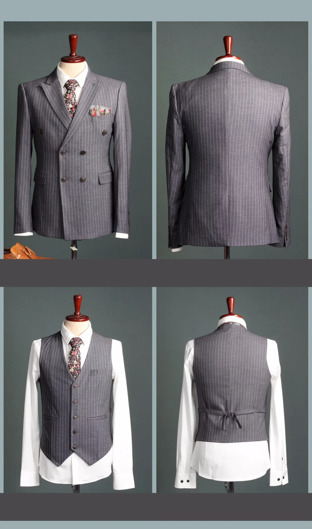 Мужской двубортный костюм, мужские деловые профессиональные костюмы из 3 предметов, мужские серые полосатые костюмы, куртка для свадебного платья, XFD0022