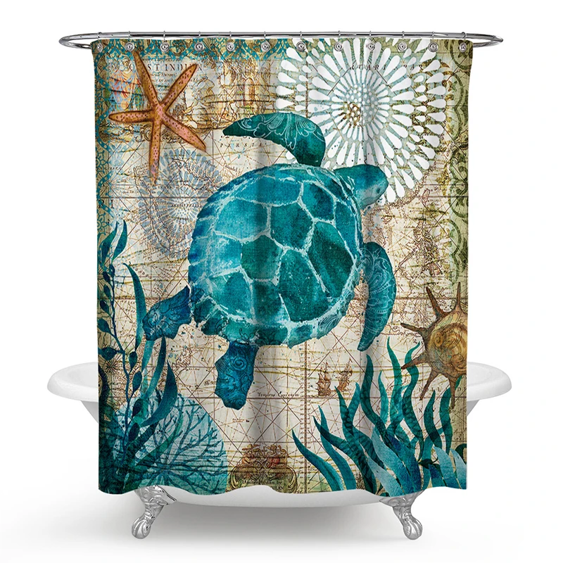 Marine Sea Turtle Print Polyester Shower Curtain Octopus Home Bathroom