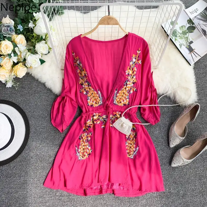 

Neploe Flower Print Summer 2019 Women Dress Sexy Drawstring Vestido Bohemian V-Neck Batwing Sleeve Vacation Short Dresses 43163