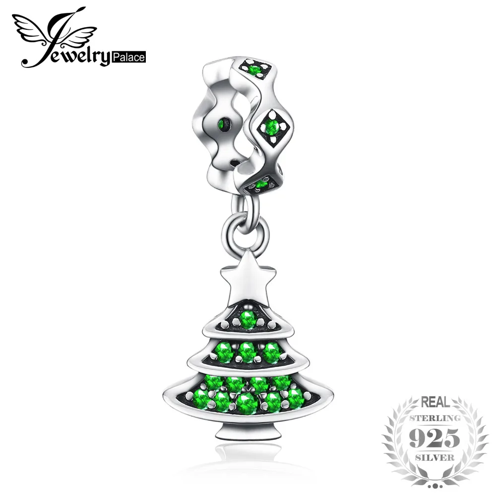 JewelryPalace Holiday Time Christmas Tree Green 0.9ct Cubic Zirconia 925 Sterling Silver Charm Beads For Women 2018 New Hot Sale