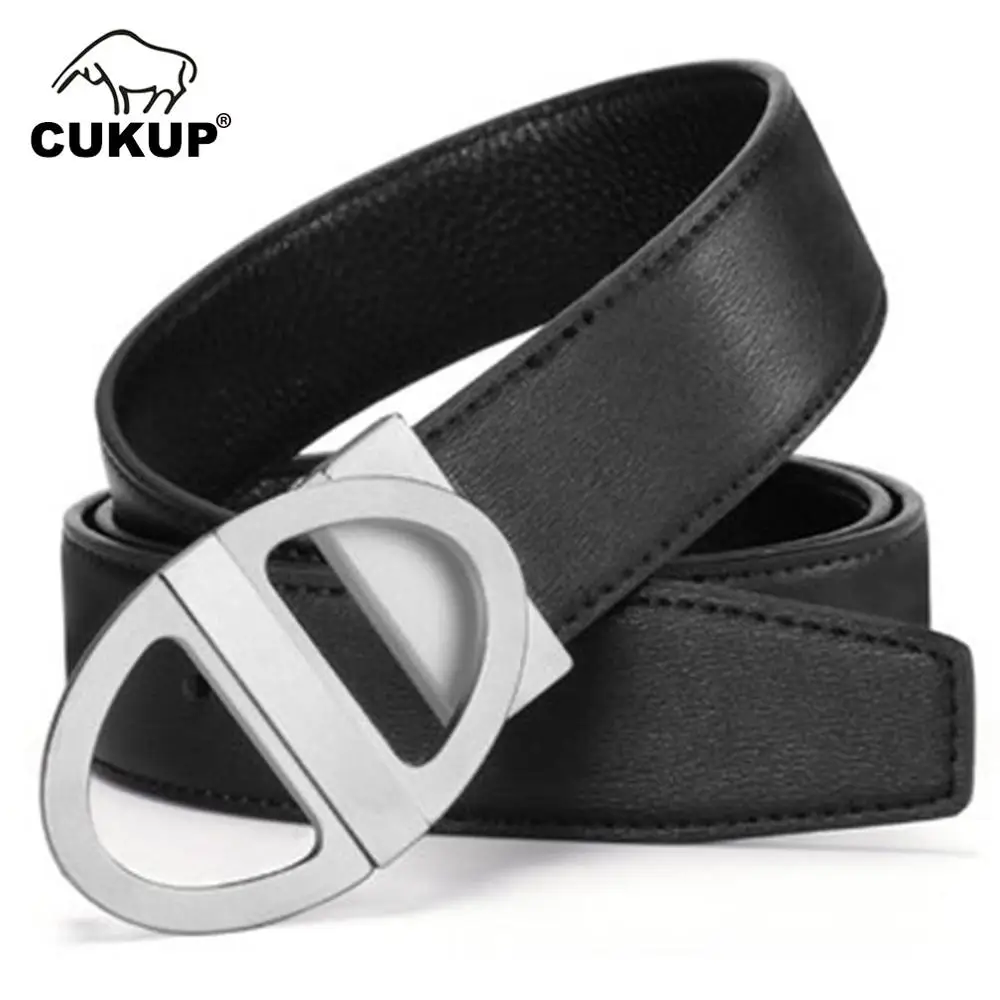 

CUKUP Men's Novelty Geometric Brass Smooth Buckle Metal Belts Cow Cowhide Leather Belt for Men Accessories 3.3cm Width LUCK709