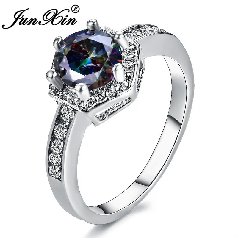 JUNXIN Mystic Fire Hexagon Rings For Women 925 Silver Filled Rainbow Birthstone Thin Ring Female Crystal Wedding Bands Boho Ring
