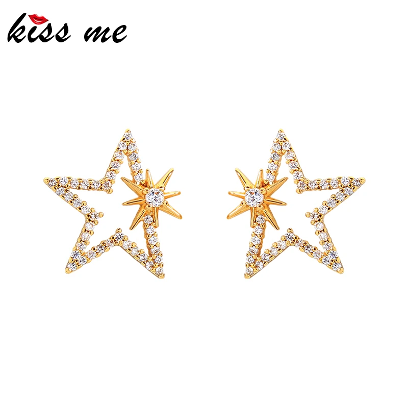 

KISS ME Luxury Zircon Ornament Hollow Star Stud Earrings For Women Gold Color Brass Pins Earrings New Fashion Jewelry Accessory