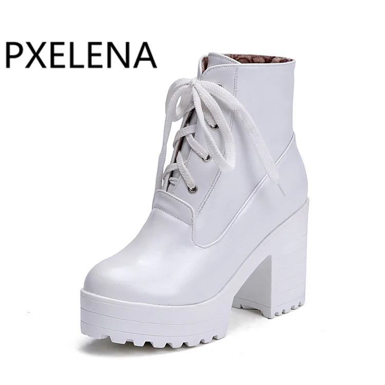 

PXELENA Chunky Block Square High Heels Ankle Boots Women Black White Lace Up Platform Punk Gothic Motorcycle Martin Boots 34-43