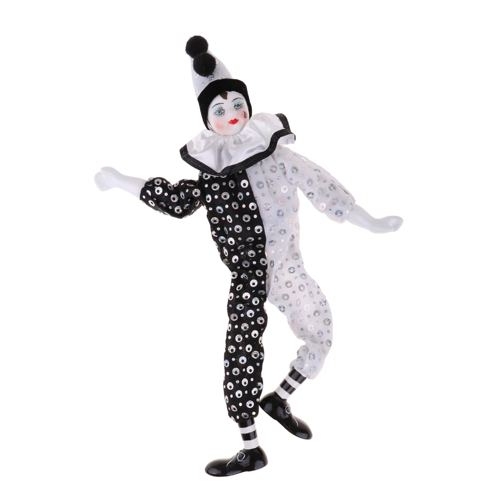 38cm Porcelain Hanging Foot Clown Doll Harlequin Doll Home Office Desk Shelf Display Ornaments Black & White