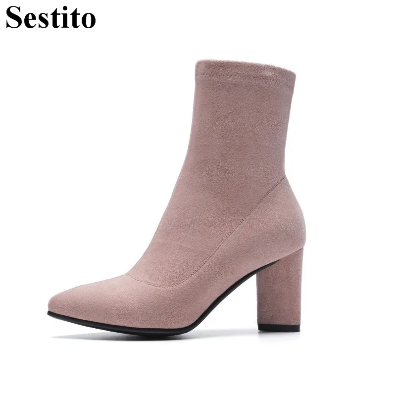 

Newest Sweet Pink Flock Pointed Toe Short Boots High Heel Ankle Boots For Women Hoof Heels Zip Casual Women Shoes Spring/Autumn