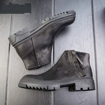 

Chelsea boots leather boots high to help plus velvet leather boots thick bottom retro men's shoes