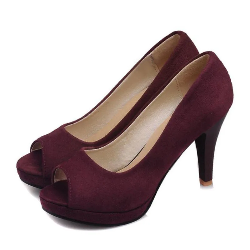 Taoffen/женские туфли-лодочки туфли из флока на высоком каблуке женские туфли на платформе с открытым носком без застежки пикантные вечерние туфли размер 33-43 - Цвет: Бордовый