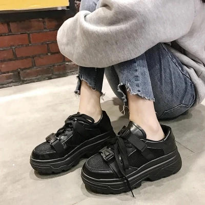Г., новая осенняя Женская обувь в Корейском стиле в стиле Харадзюку повседневная обувь на толстой подошве тонкие туфли на плоской подошве в японском стиле - Цвет: Черный