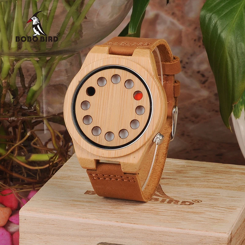 

BOBO BIRD Watch Men Quality Bamboo Quartz Analog Wristwatch 12 Holes Design erkek kol saati Timepieces Leather Band as Gift