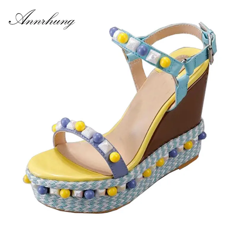 

Colorful Rivet Platform High Wedges Sandals Women Narrow Ankle Strappy Thick Platform High Heels Mixed Color Sandalias Women