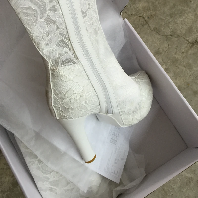 Sorbern/белые кружевные свадебные сапоги; высокие сапоги до колена на шпильке с круглым носком; высокие Свадебные сапоги; женская обувь больших размеров; настоящая фотография