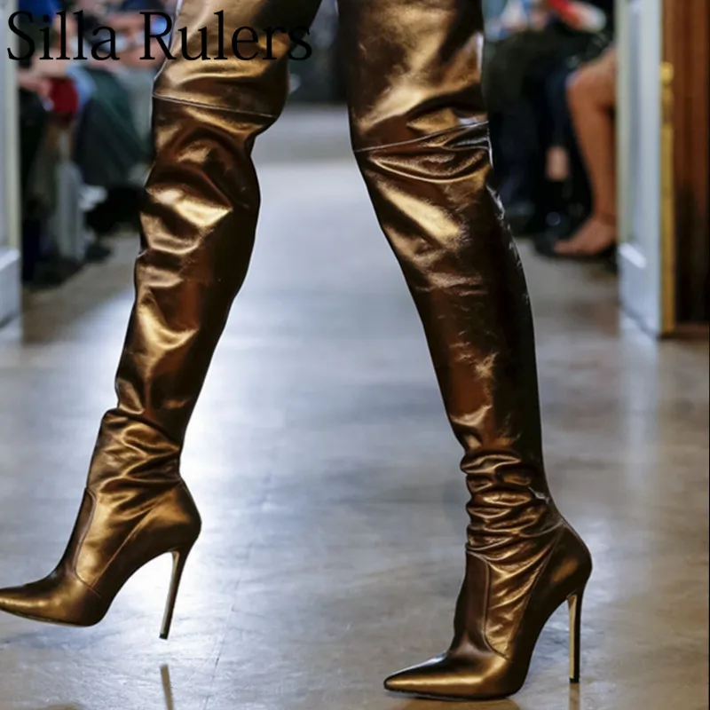 

2019 runway super high heels over the knee boots woman sexy pointed toe microfiber thigh-high boots woman party show boots mujer