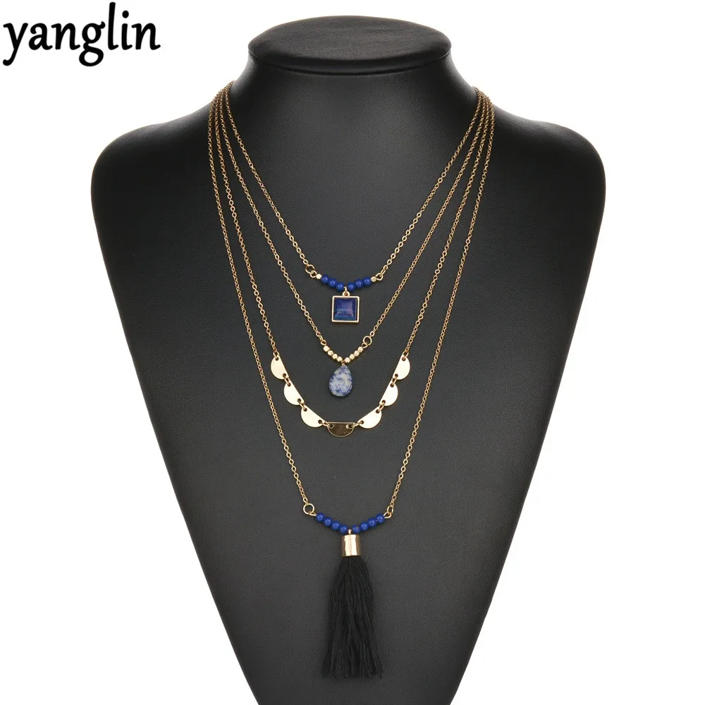 Women Cute Romantic Necklaces Multi layer Geometric Faux Stone Necklaces Black Tassel Long