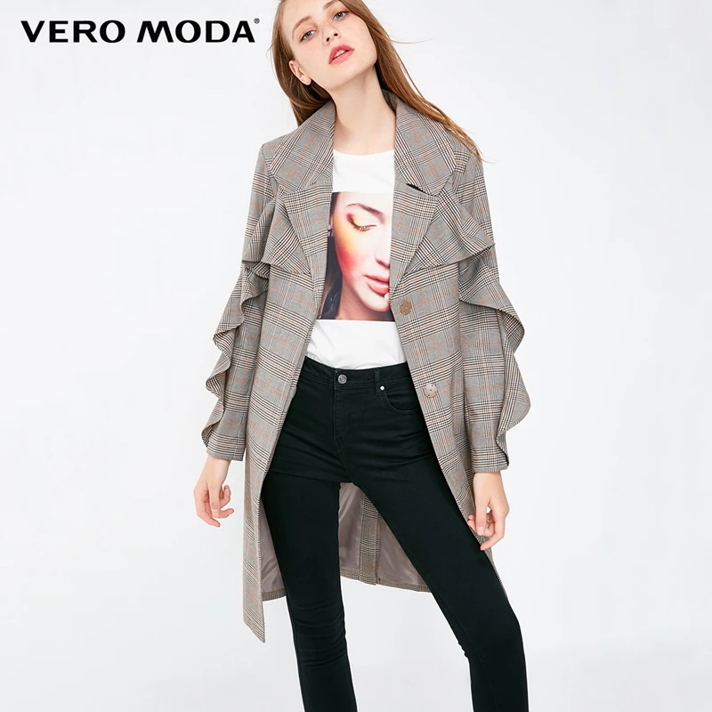 

Vero Moda 2019 New Women's Plaid Medium Length Turn Down Collar Wind Coat Trench Coat | 318321502