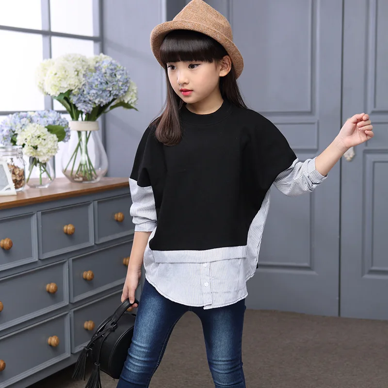 

New Spring Autumn Girls T-shirt Children Cotton Patchwork Shirt Fashion Kids Striped Tops Girls Clothes 4 6 8 10 12 14 15 Years