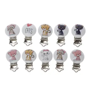 

5Pcs/Lot Baby Pacifier Clips Cats Printed Wood Metal Holder Clasps 4.4cm x 3cm for appeasing the baby Chew Toy
