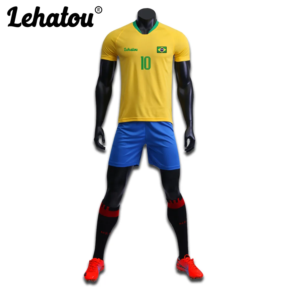 

Customized Soccer Jersey Yellow Tops And Blue Shorts Football Shirts Men Neymar Soccer Sets Adult Sports Football Suits Futbol