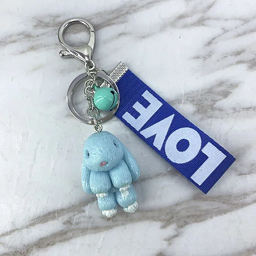 New cute resin acrylic animal bear, puppy, rabbit, color ribbon with bell cute temperament key ring pendant bag car pendant - Цвет: The rabbit -Sky blue