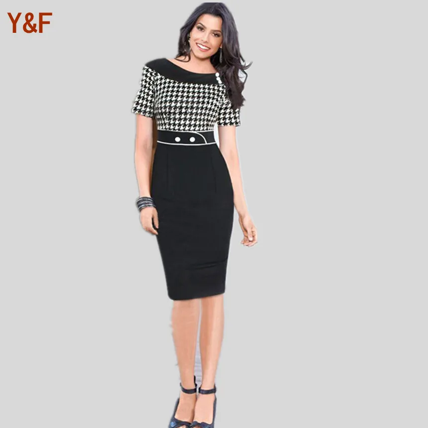 ajustado botón de Business para mujer frente a cuadros a lápiz vaina XG0088|dresses black|dress jumpsuitdress voile - AliExpress