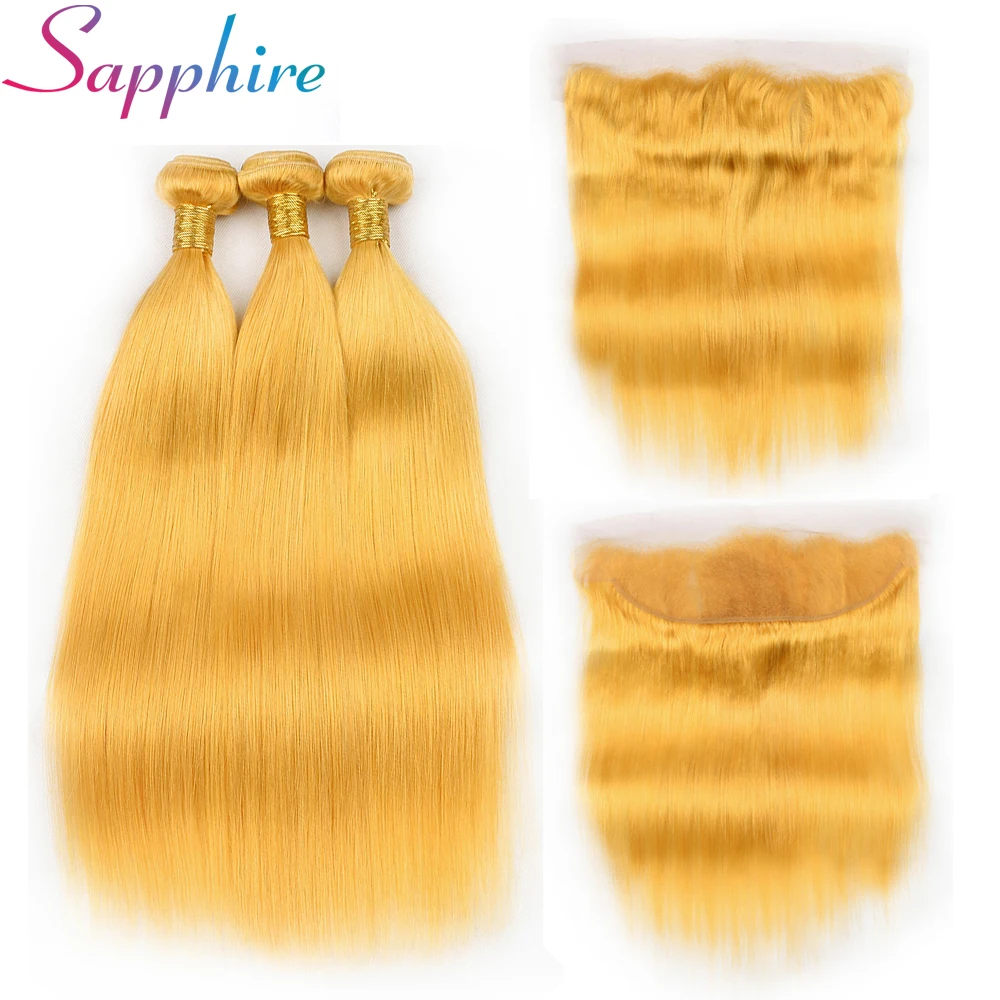 Top Sapphire Straight Human Hair Bundles With Frontal 13x4 Frontal Closure Yellow Color Remy Hair Bundles Free Shipping 0