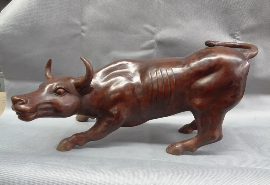 

song voge gem S4506 23" Folk Chinese Bronze Year Zodiac Animals Red Cattle Wealth Bull Ox Statue Set