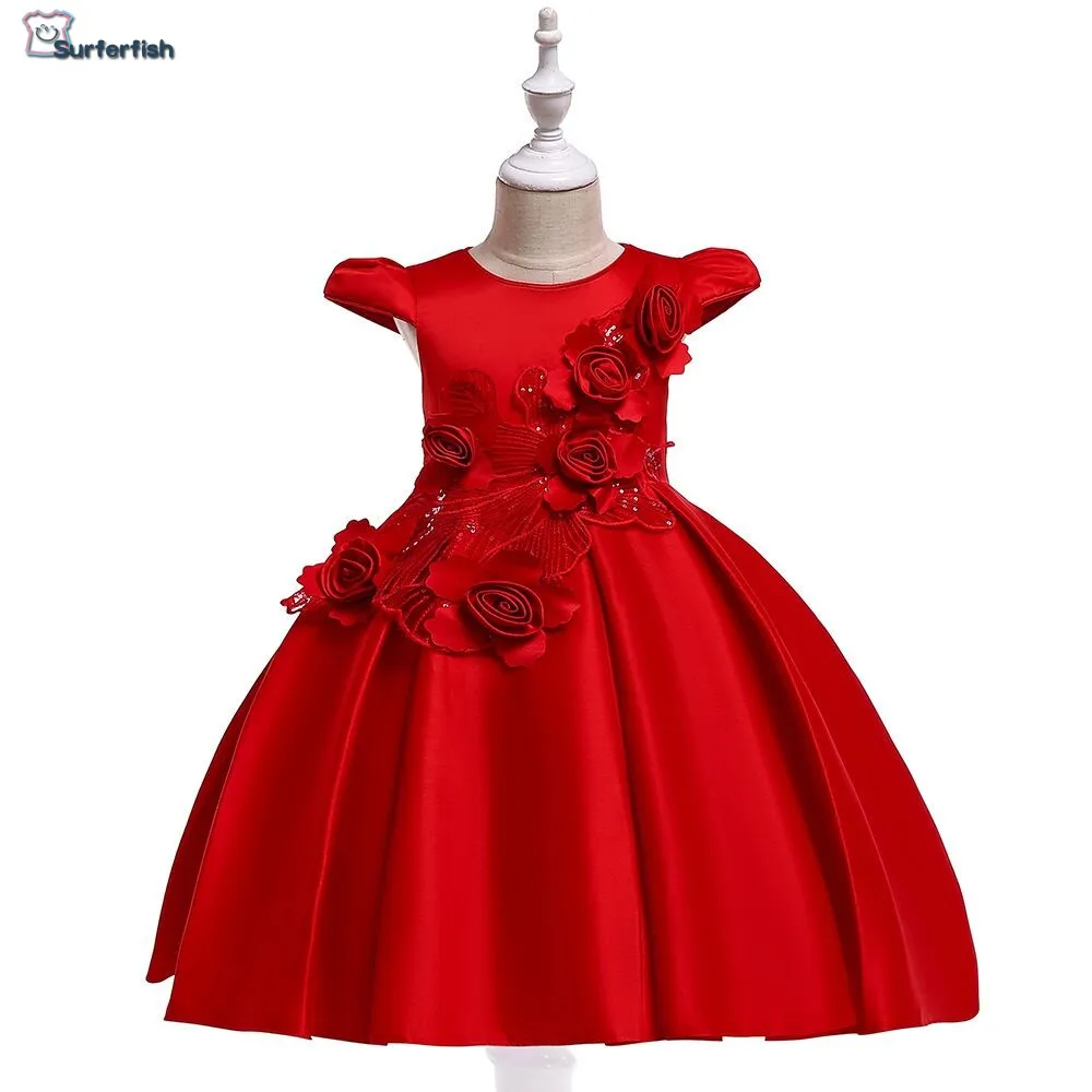 

Surferfish Children's princess dress girl wedding dress summer Short Sleeve Flowers evening dress Party Valentine's Day Dress