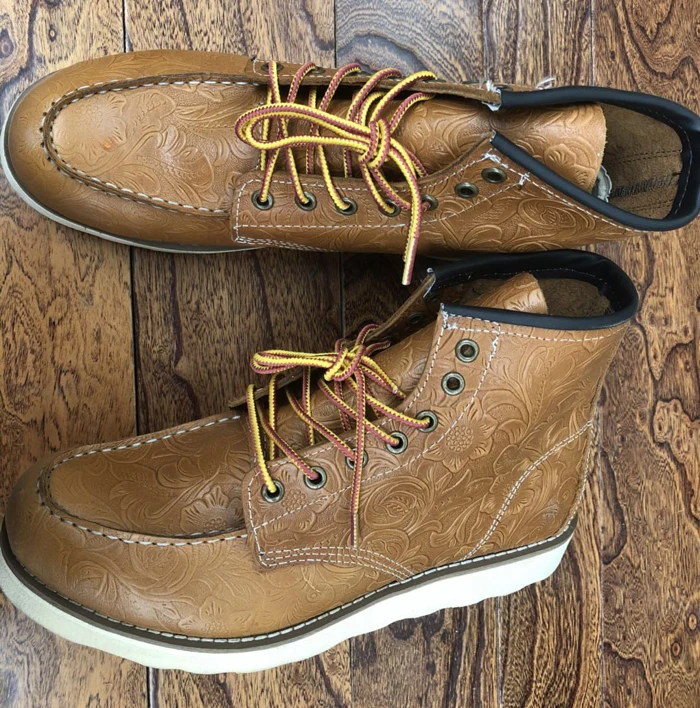 

2018 Handmade New Arrival Men Retro Brown Red Boots Wing Shoes Male Tooling Boots Lace Up Work Boots Leather Steel Toe Boots