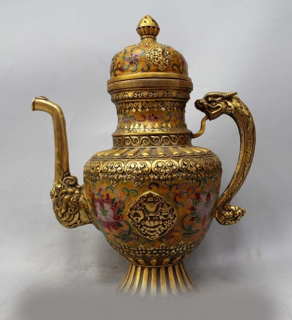 

14" Marked Chinese Cloisonne Purple Bronze Dragon Wine Tea Pot Flagon Statue