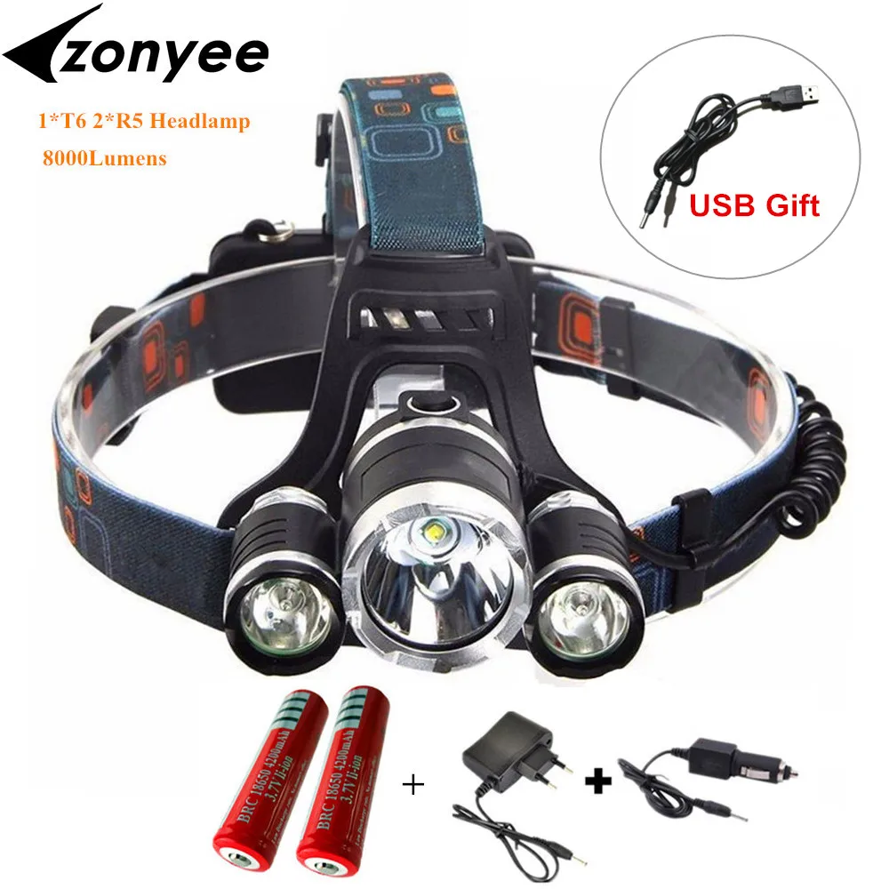 

Best XM-L T6 8000 Lumen LED Headlamp Headlight Caming Hunting Head Light Lamp 4 Modes 18650 USB Rechargeable 1*T6+2*R5 LED Torch