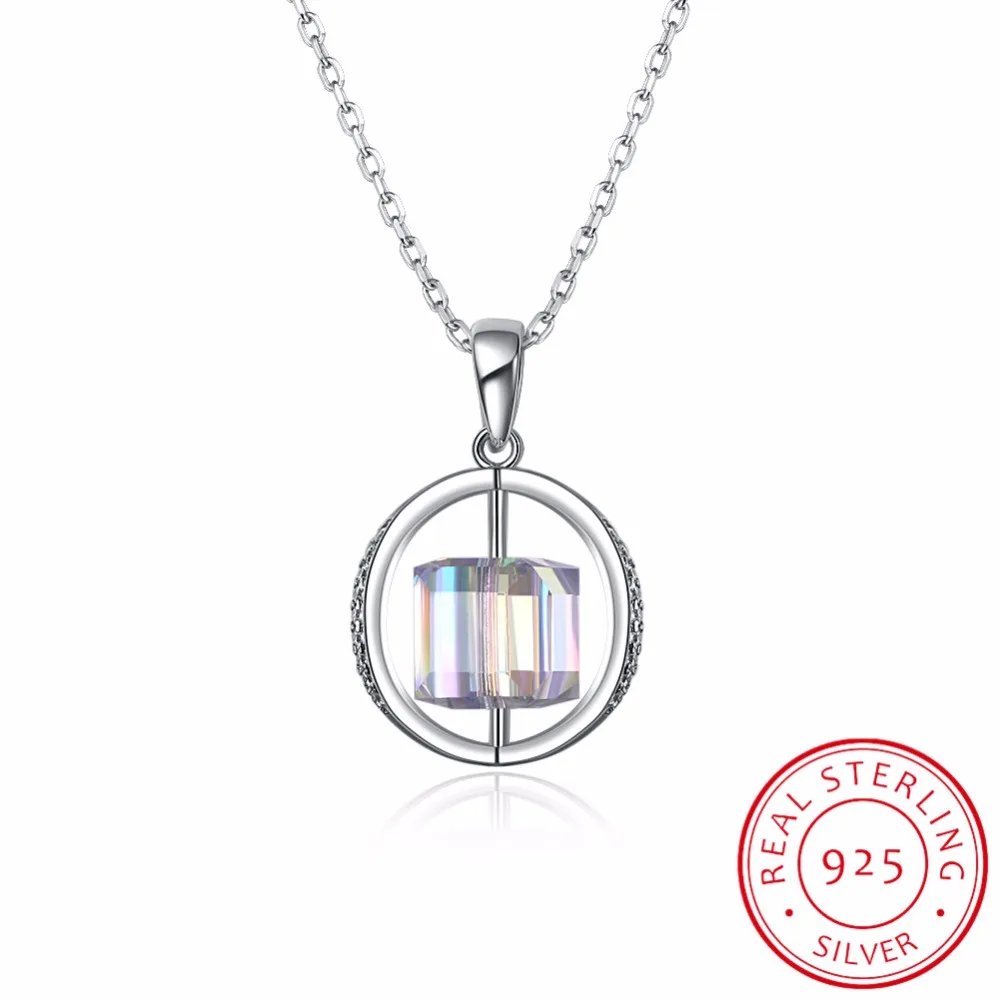 

LEKANI New Colorful Cube Crystal From Swarovski Round Pendant Necklace 925 sterling silver Chain Necklace For Women Fine Jewelry