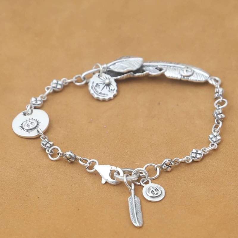 

Vintage Indian Style Eagle Sun Feather Tag Bracelet Men Women 100% Pure Sterling Silver 925 Handmade Thai Silver Jewelry Gifts