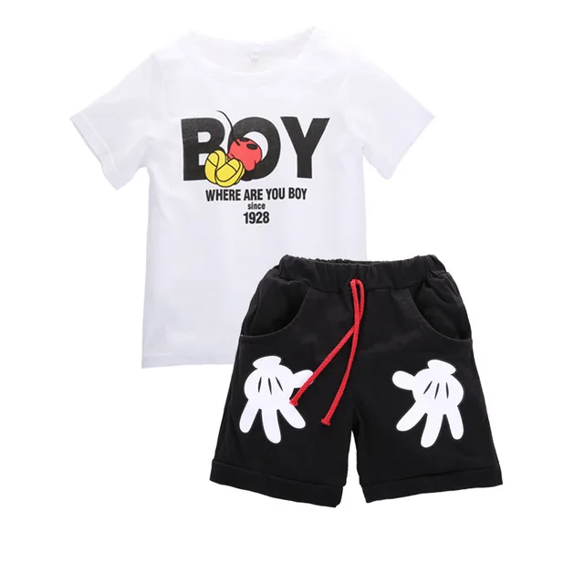 Популярная детская одежда коллекция года, новая весенне-летняя одежда для мальчиков хлопковый Детский комплект из двух предметов с круглым вырезом и рисунком - Цвет: -E17-White-