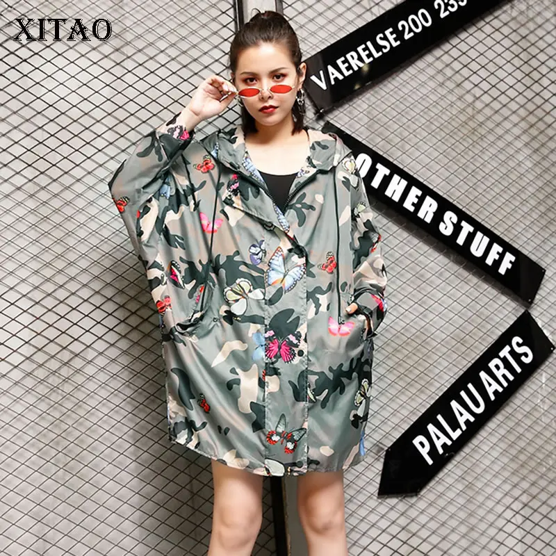 

[XITAO]2019 New Europe Casual Loose Full Sleeve Hooded Print Zipper Cardigans Trench Fashion Women Summer Long Trench LY1094
