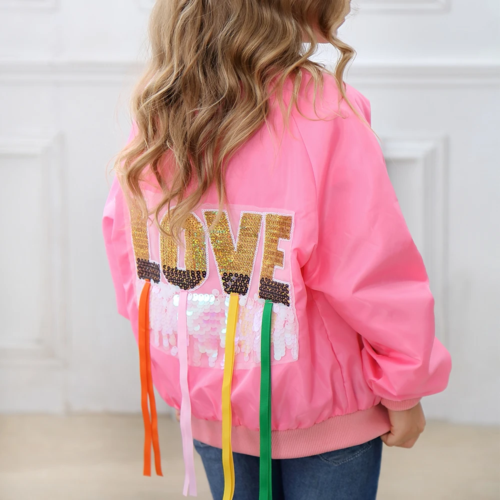 

Girls Jackets Modis Girls Coat New Autumn LOVE Sequined Children Outerwer Zipper Casual Jackets For Girls Kids Clothes 2-14Years
