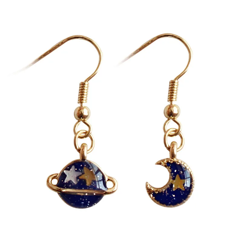 

2018 New Personality Summer Style Deep Blue Five Point Star Moon Planet Earrings gold color dangle drop earring Funny jewelry