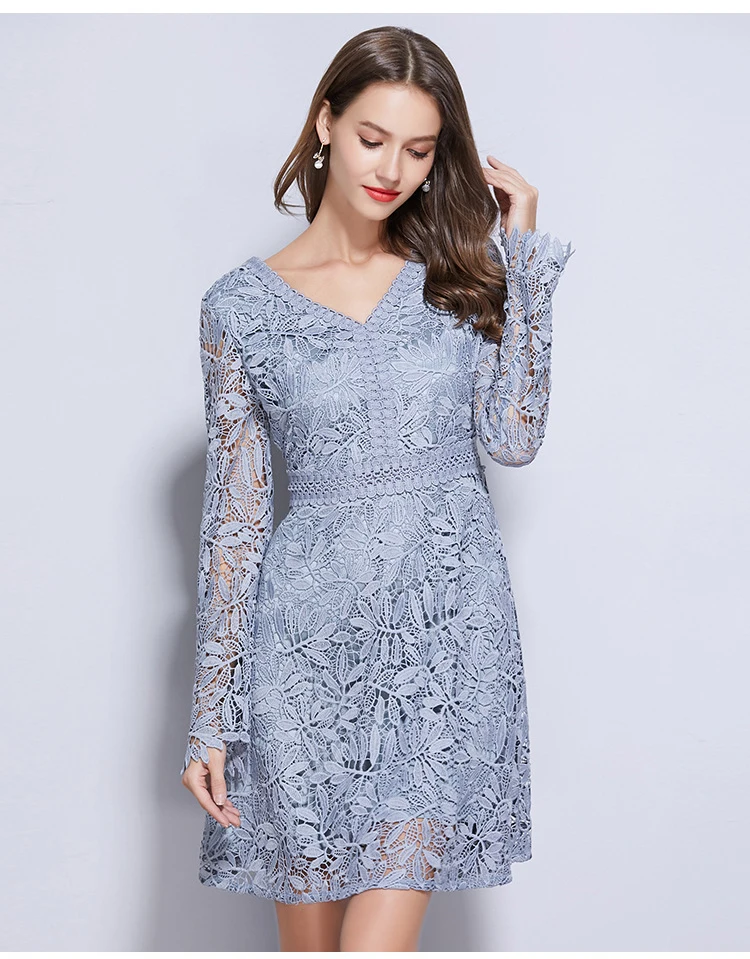 Светильник голубого цвета, кружевное платье для женщин, весна, сексуальное платье с v-образным вырезом и длинным рукавом, тонкое элегантное платье, женское плиссированное платье в стиле ампир