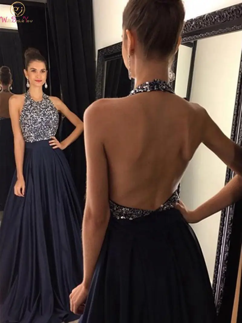 

Navy Blue Prom Dresses 2019 New A Line Sleeveless Halter Neck Floor Length Long Crystal Sexy Backless Satin Formal Evening Gowns