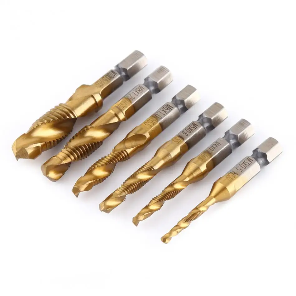 

6pcs Drill and Tap Bits Set ferramentas M3-M10 Thread Tap Woodworking Tool Titanium Coated HSS Screw Taps Tools 1/4" Hex Shank