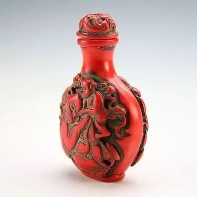 DELICATE CHINESE RED CORAL RESIN  CARVED  PEONY&DRAGON SNUFF BOTTLE 