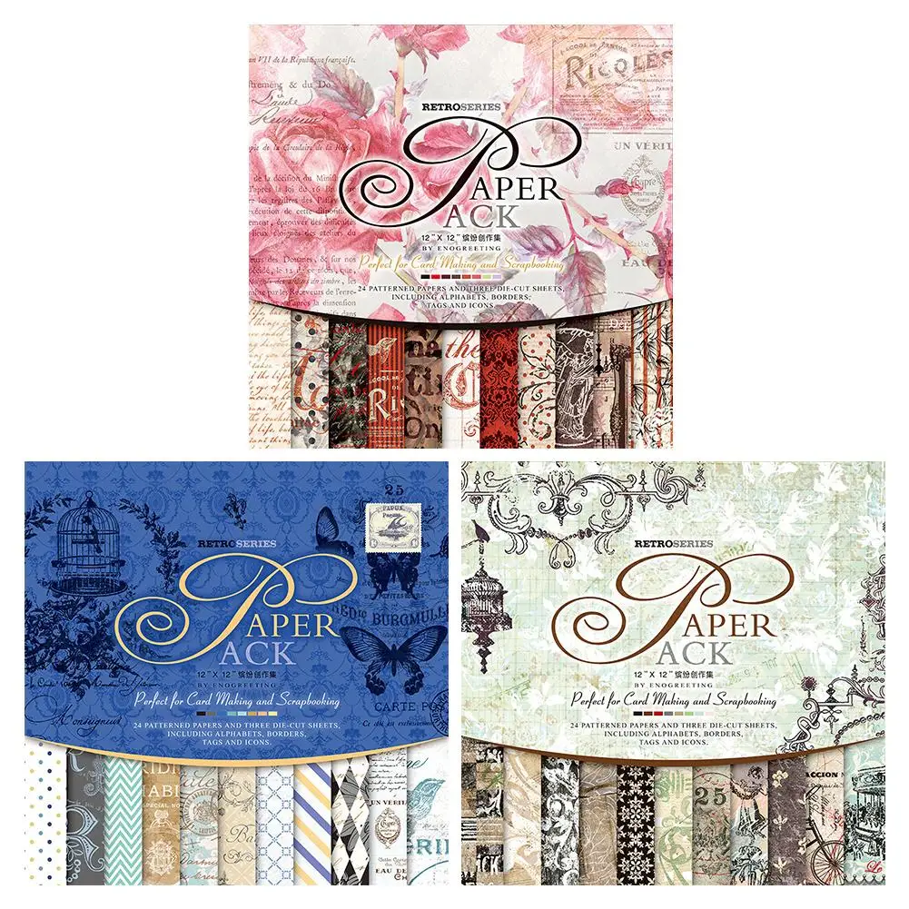 

24 Sheets DIY Photo Albums Vintage Paper Pack Scrapbooking Card Making Background Paper 12 Inch Colorful Base Paper Collection