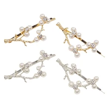 2 Цвет золотого, серебряного цвета модные красивые жемчуг Циркон цветения сливы отрасль Шпильки для Для женщин дамы волосы Decorarion