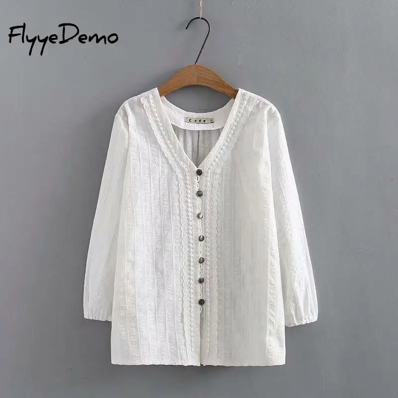 4XL 2020 Summer Women V Neck Embroidery Blouse Autumn White Lace Patchwork Long Sleeve Shirt Loose Tops Work Blusa Plus Size|Blouses & Shirts| - AliExpress