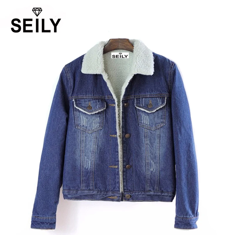 Korean Winter Turn-down Collar Denim Coat Jaqueta Blazer Faux Lamb Wool Fur Long Sleeve Jeans Jacket For Women Com Renda Parka