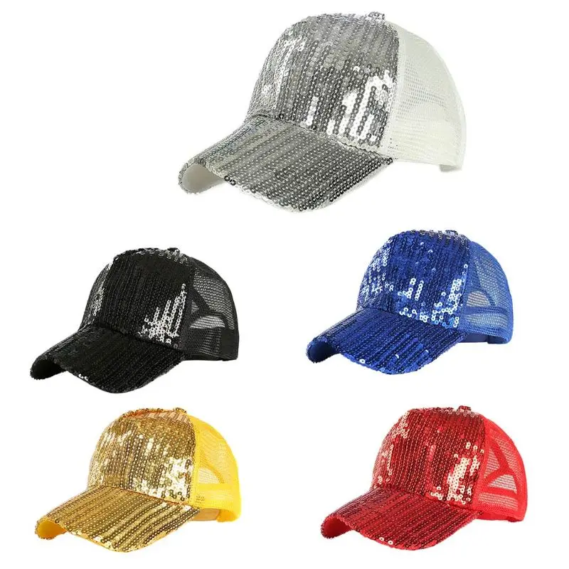 

Unisex Glitter Sequins Summer Solid Color Baseball Cap Adjustable Mesh Splicing Breathable Magic Hip-Hop Trucker Hat Clubwear